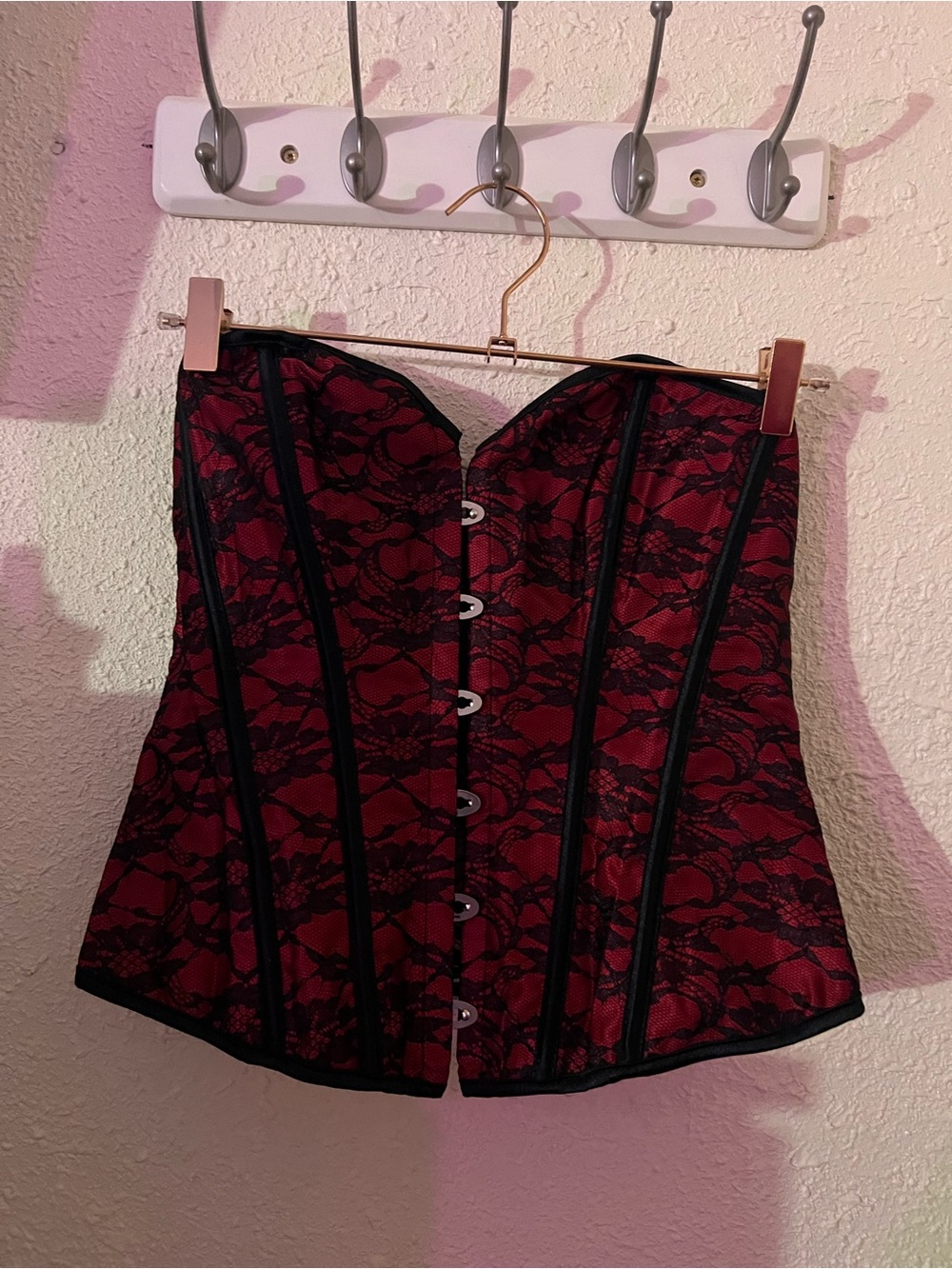Women's Red and Black Lace Corset-Style Top